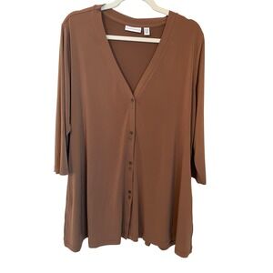 Susan Graver 1XP Liquid Knit Brown Cardigan Button Front 3/4 Sleeve Tunic Top